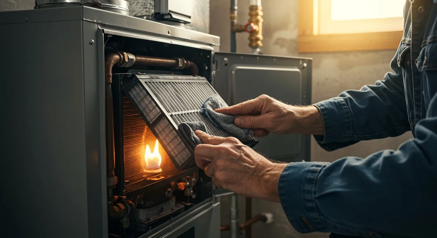 Person inspecting HVAC furnace filter with visible flame and exposed components indoors