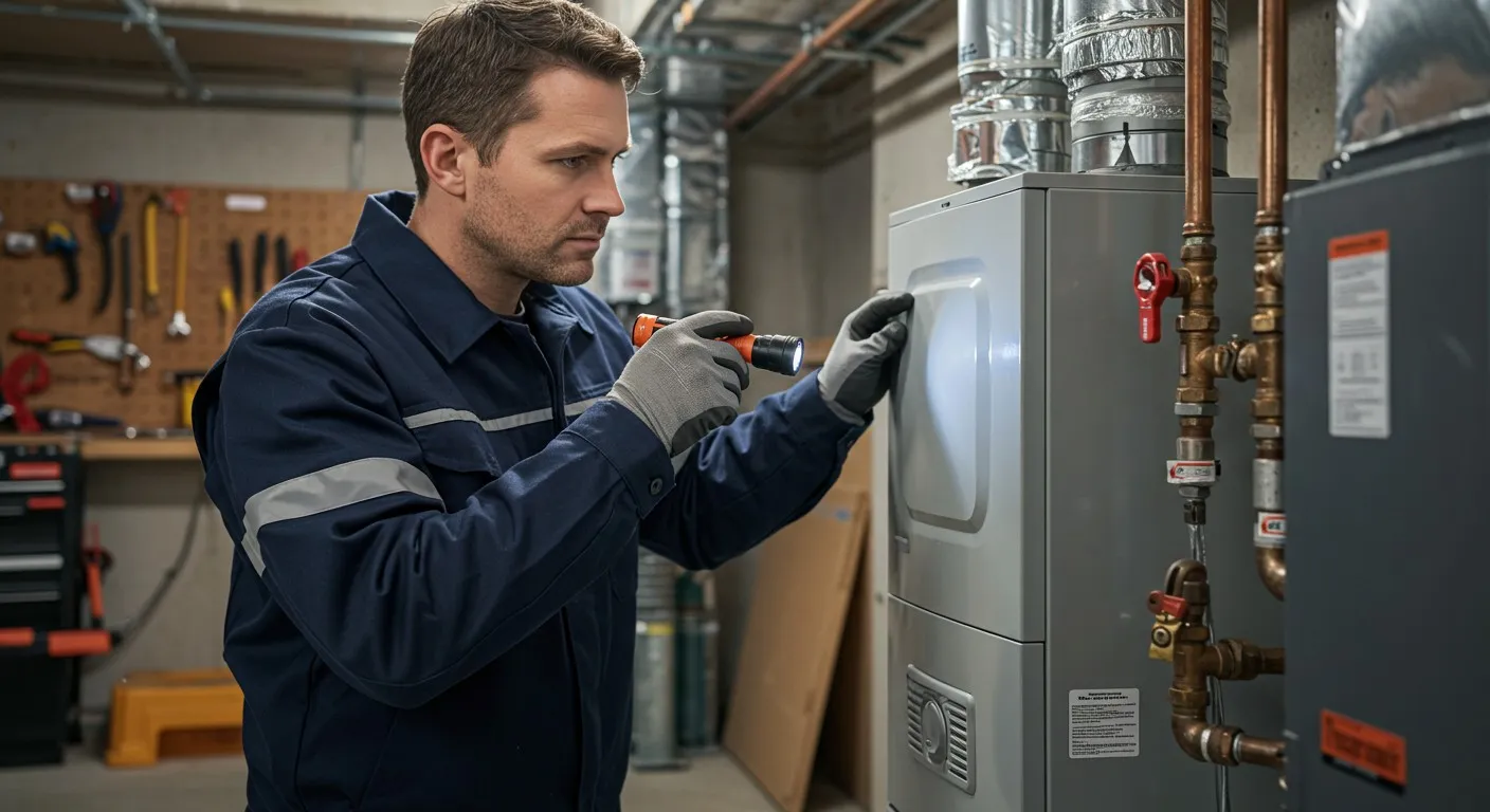 HVAC technician inspecting furnace unit with flashlight in mechanical room workshop