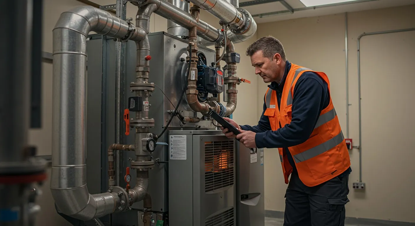 HVAC technician inspecting industrial heating unit with tablet in mechanical room