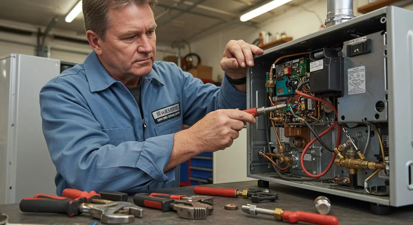 HVAC technician repairing heating unit with exposed wires and tools in indoor workshop