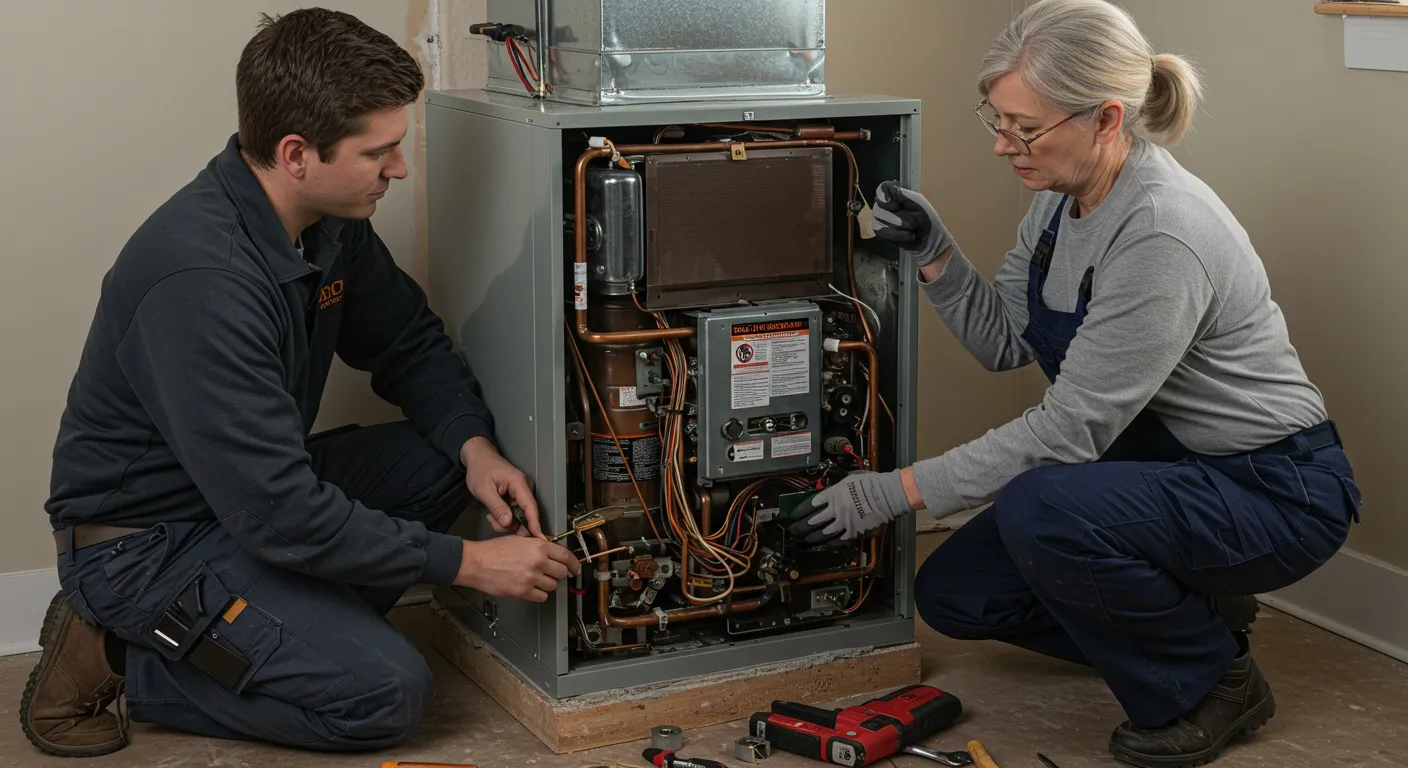 HVAC technicians repairing furnace unit with exposed copper pipes and tools on floor