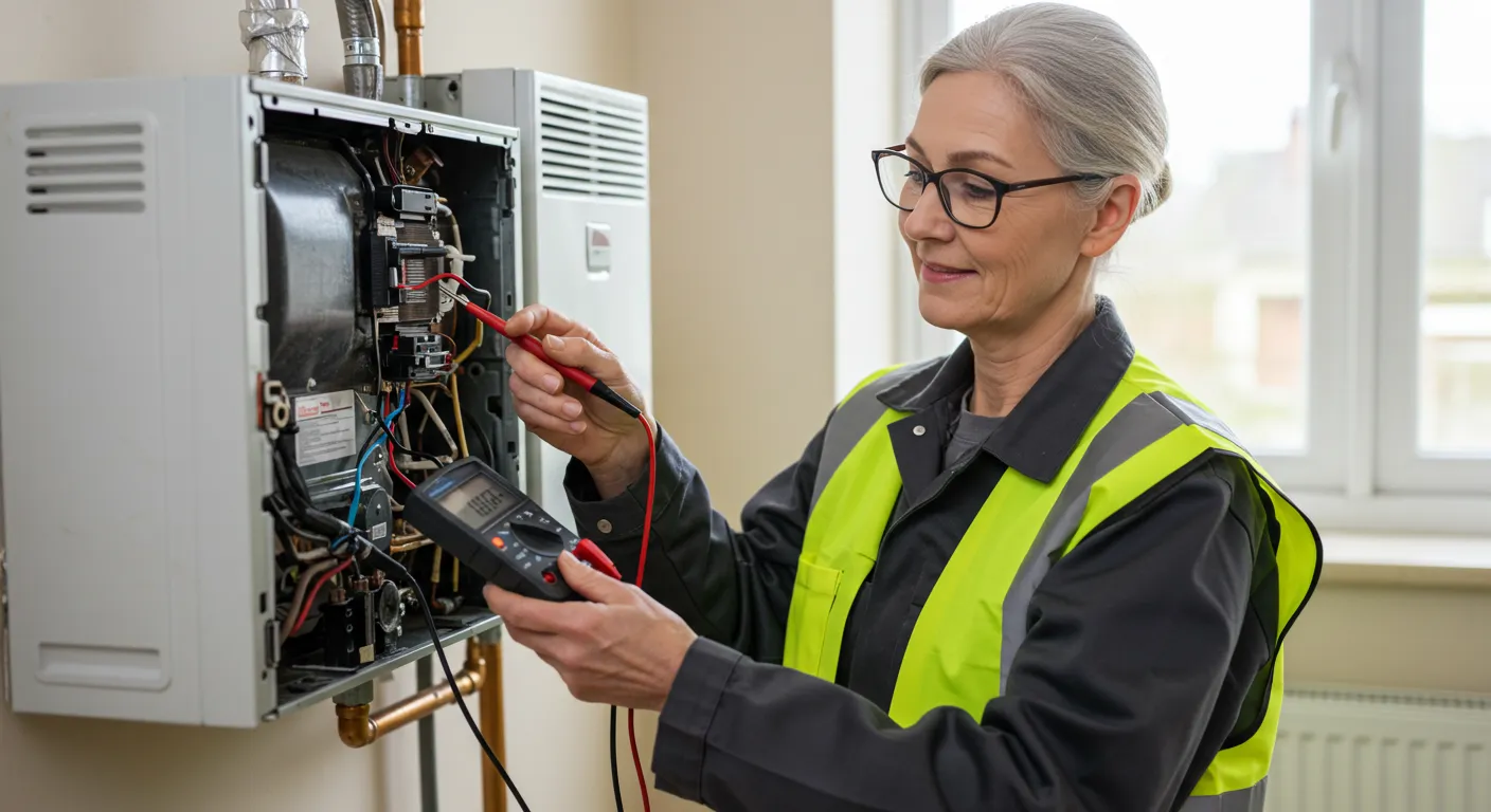 HVAC technician testing wall-mounted heating unit with multimeter near window indoors
