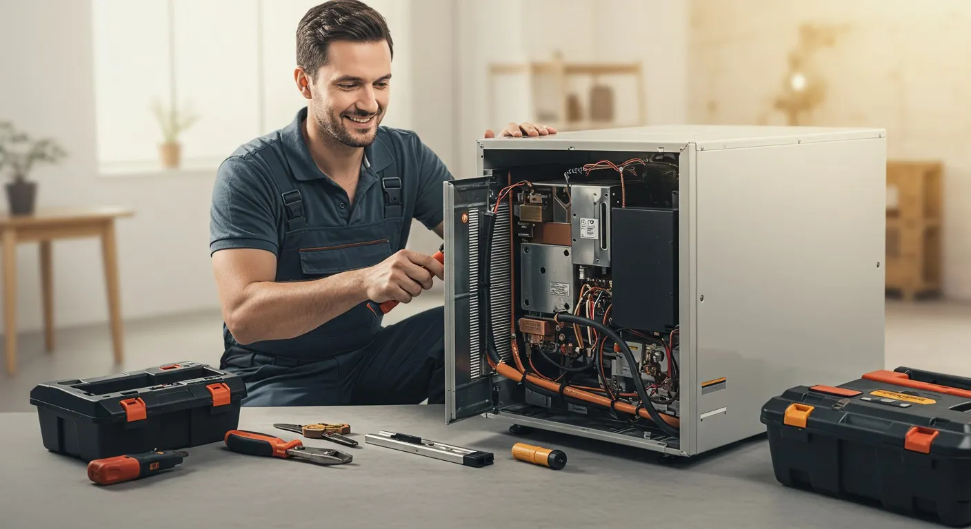 HVAC technician repairing metal unit with tools on table in indoor workspace