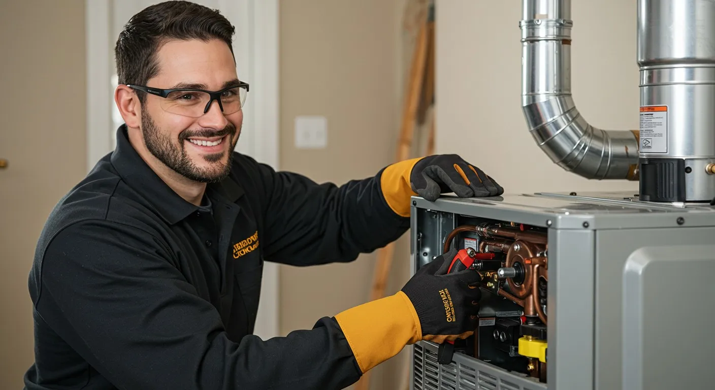 HVAC technician inspecting internal components of Goodman unit with copper pipes and tools
