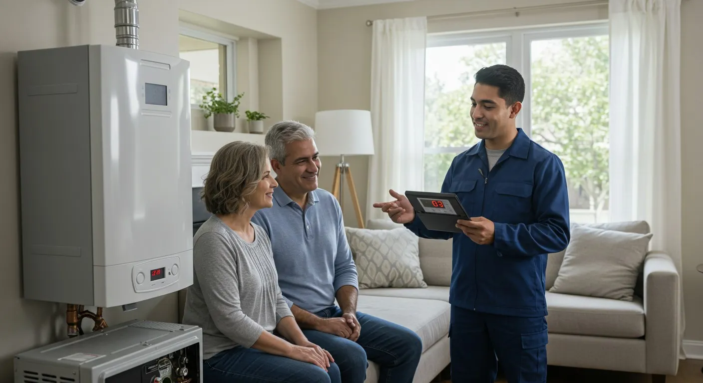 A smiling HVAC technician shows a digital tablet to a senior couple sitting on a sofa. They are discussing a new, modern tankless water heater mounted on the wall behind them in a residential living room.