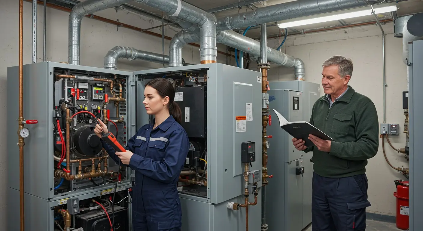 Technicians inspecting HVAC system in mechanical room with multimeter and manual