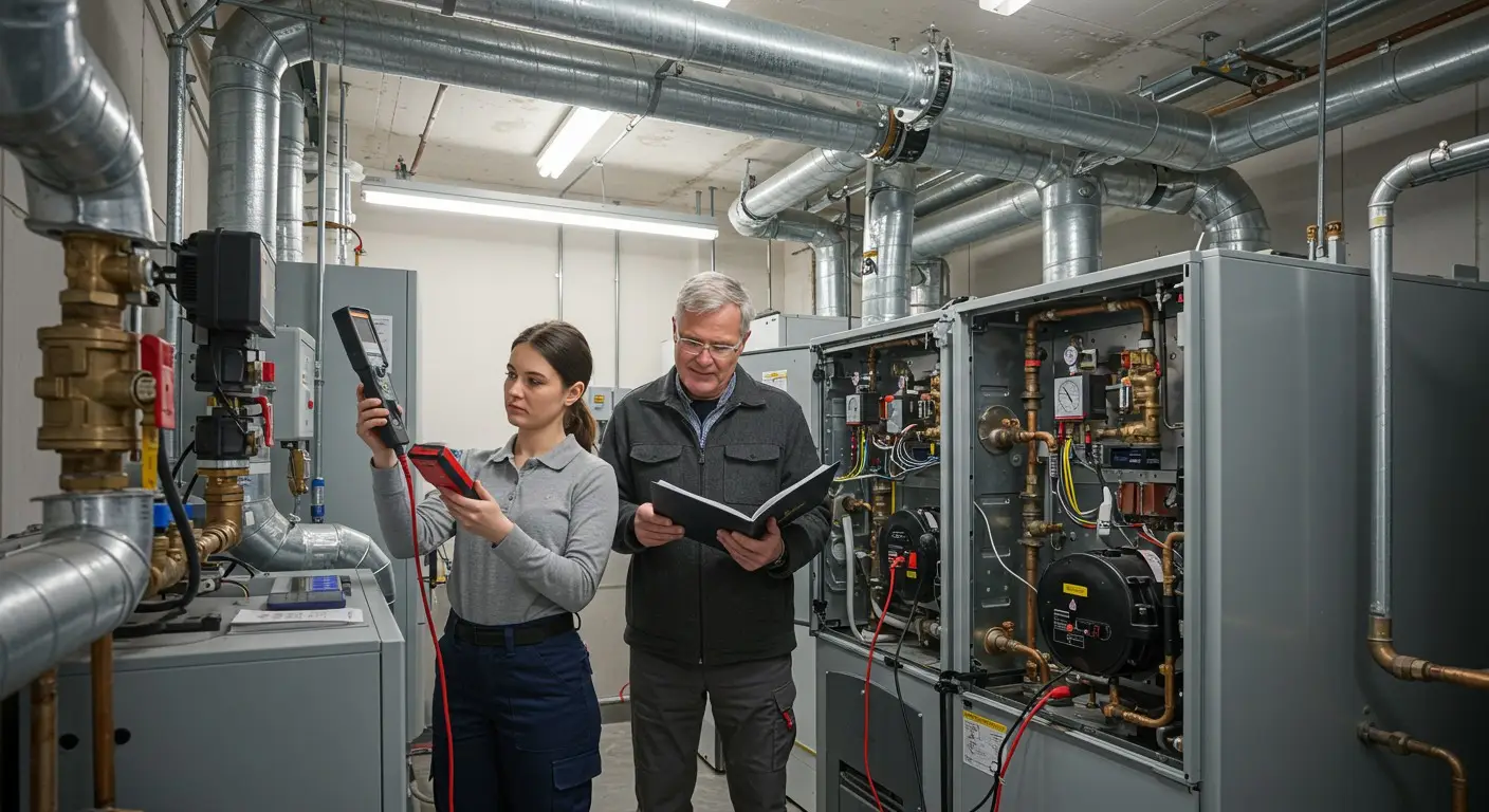 Two technicians testing HVAC equipment in mechanical room with multimeter and manual