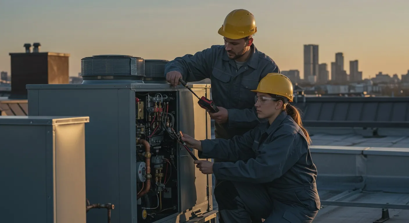Two HVAC technicians, a man and a woman, are on a rooftop in a city, wearing hard hats and uniforms. They are working together to service a large commercial air conditioning unit, with the man using a tool and the woman adjusting wires inside the open panel
