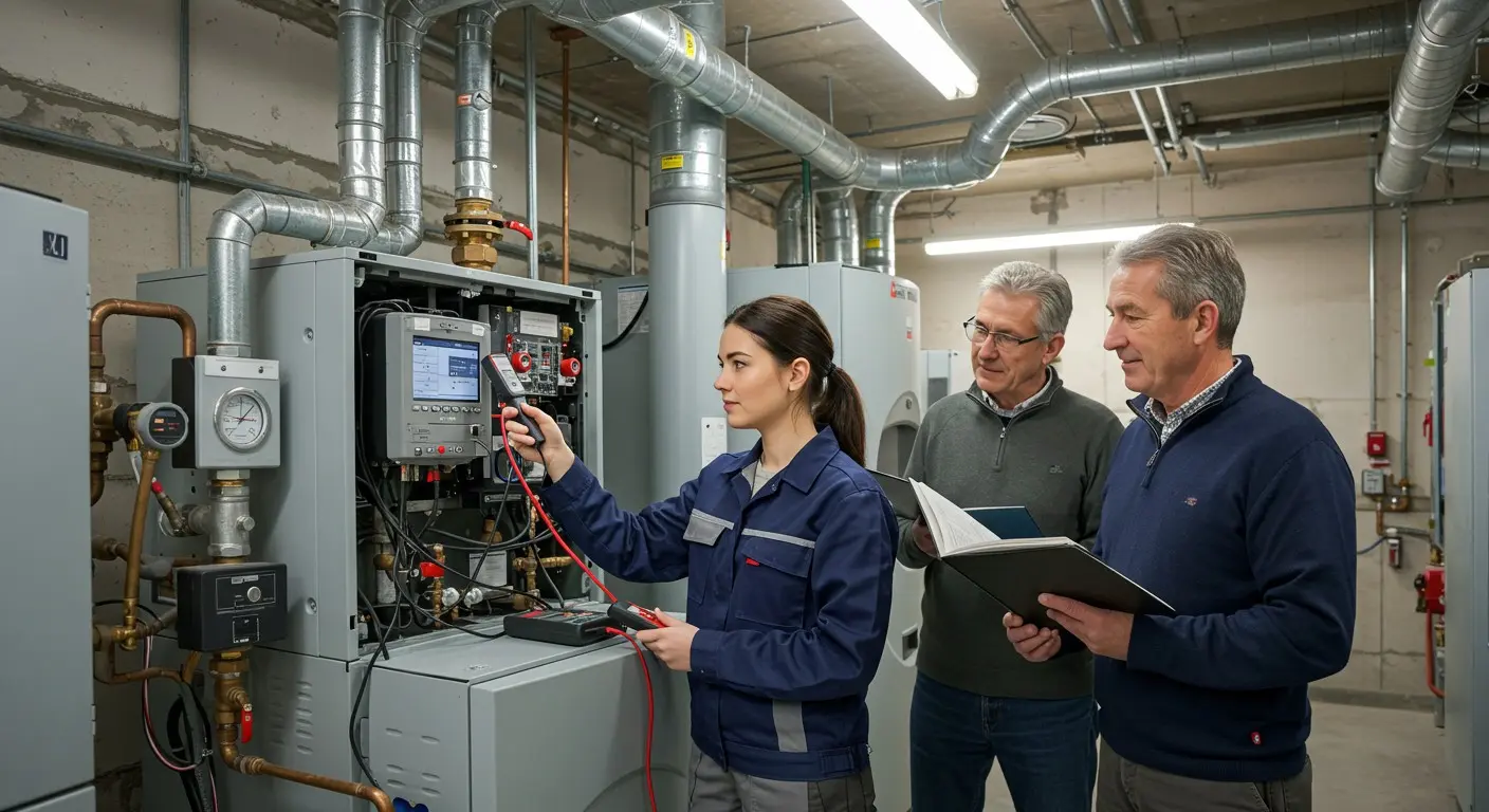 Three technicians servicing industrial HVAC system in mechanical room with multimeter, manual, and gauges