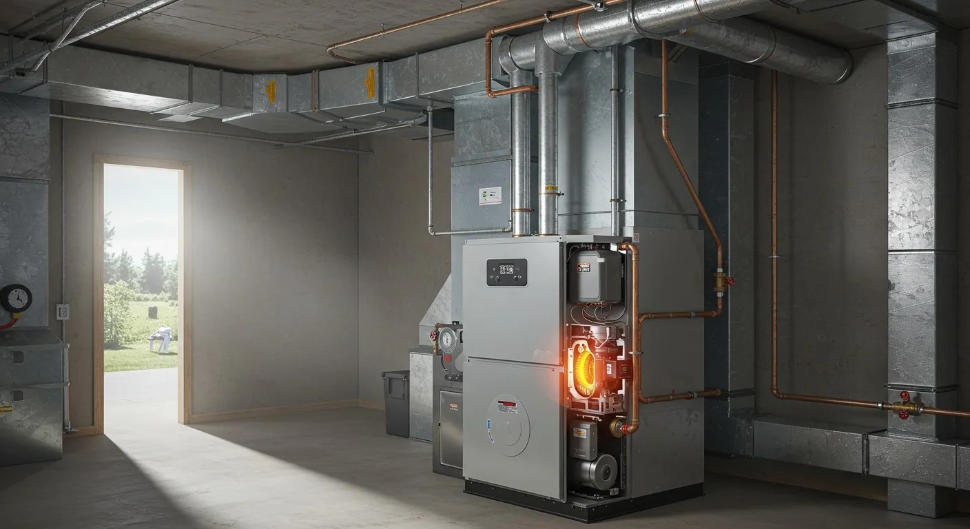 A modern, high-efficiency boiler or HVAC system with a glowing orange light is expertly installed in a clean, gray concrete basement. The unit is connected to complex copper pipes and silver ductwork, with a bright doorway to a grassy backyard visible in the background.