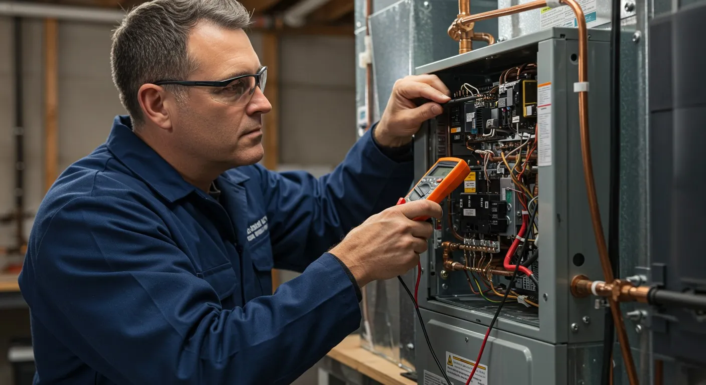 A professional HVAC technician in a blue uniform and safety glasses is focused on using an orange multimeter to test the electronic circuit board inside the open panel of a modern furnace or air conditioning unit.