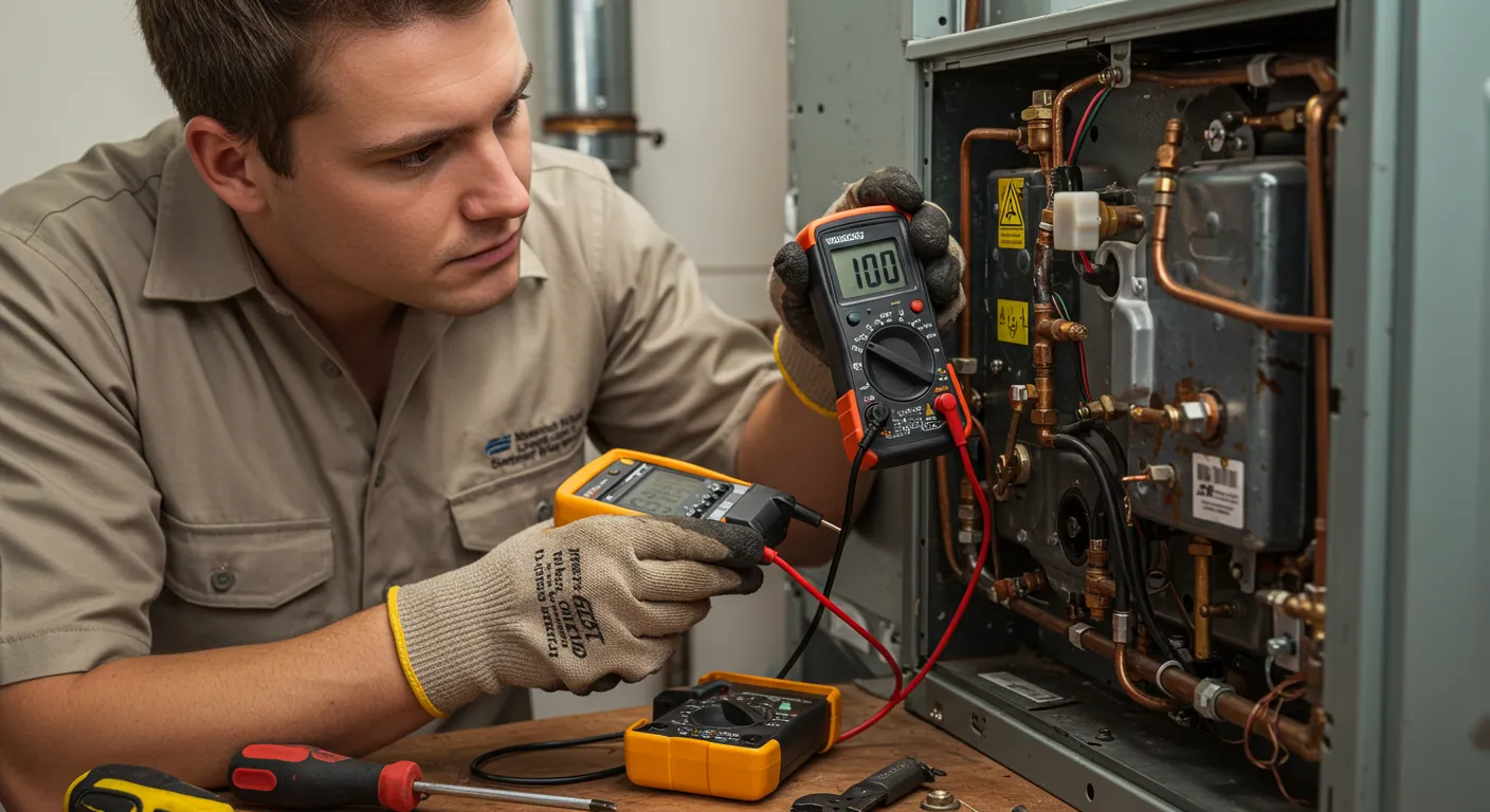 HVAC technician using a multimeter to diagnose a furnace or boiler