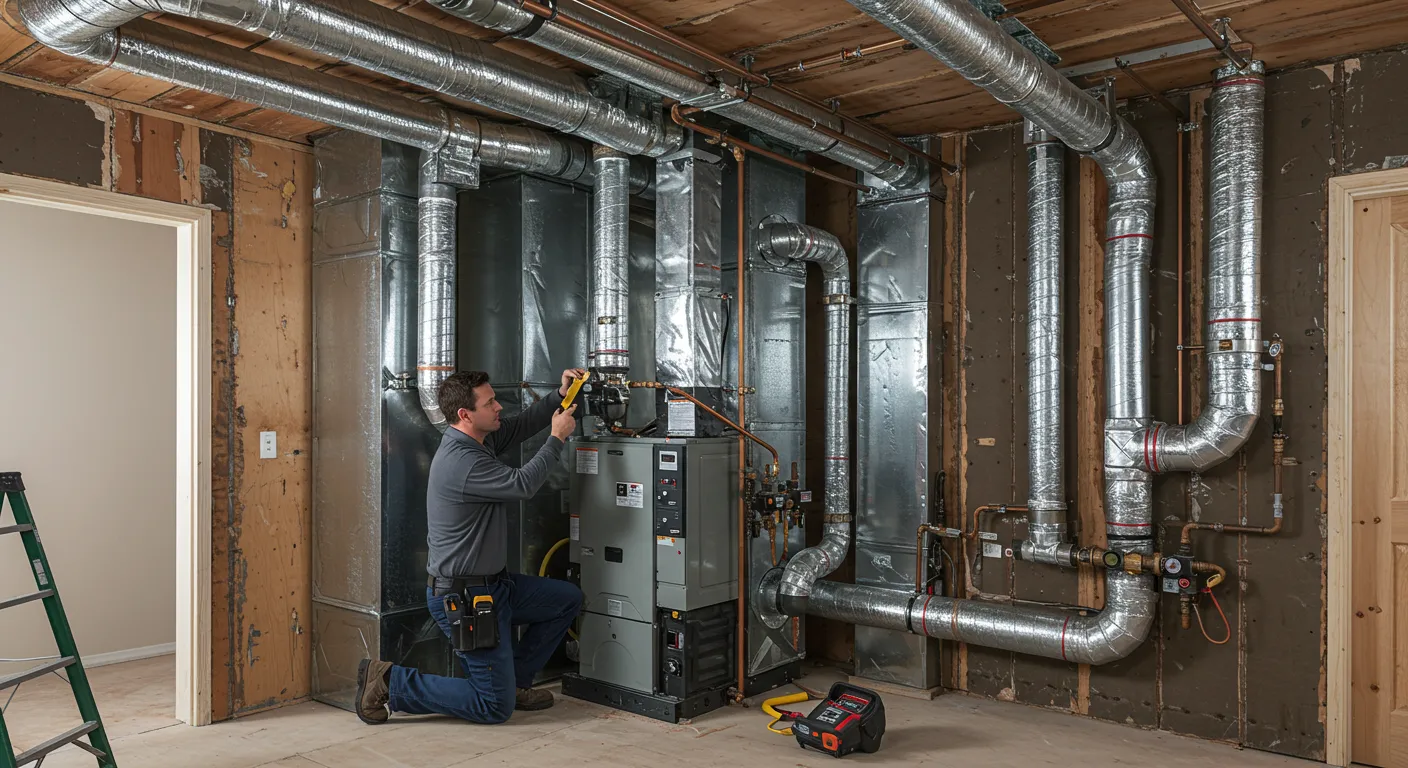 HVAC technician servicing a furnace and ductwork system in a basement