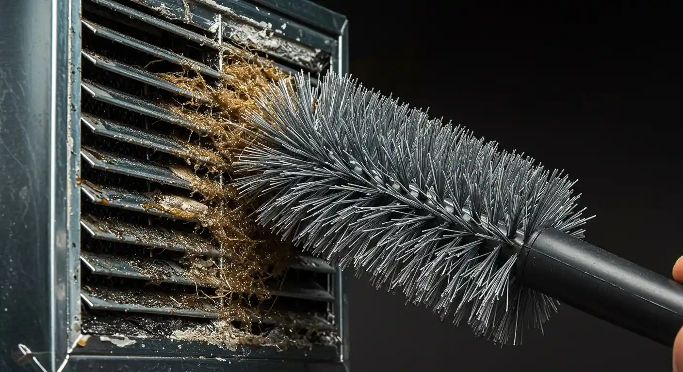  A black and gray bristled brush is deep within a dirty metal vent, dislodging clumps of brown dust and debris.