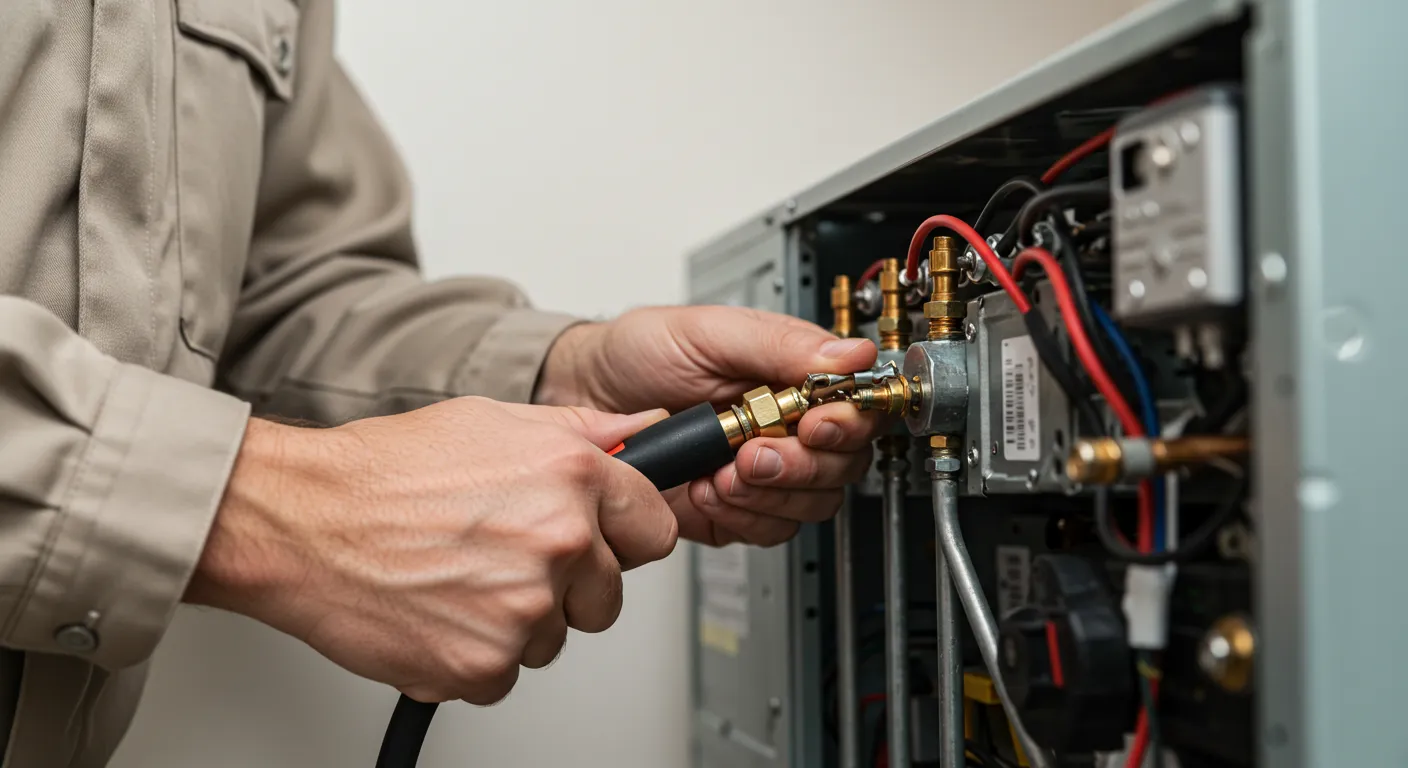 Technician connecting hose to HVAC unit with visible wires and components