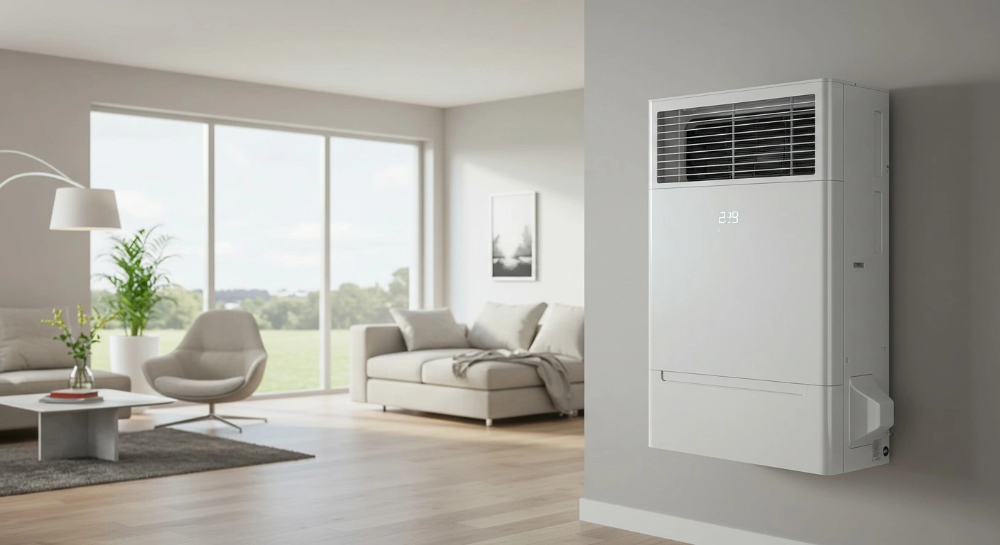 A sleek, white ductless heating and cooling unit is mounted on a light gray wall in a modern living room, with a view of a bright outdoor landscape through large windows in the background.