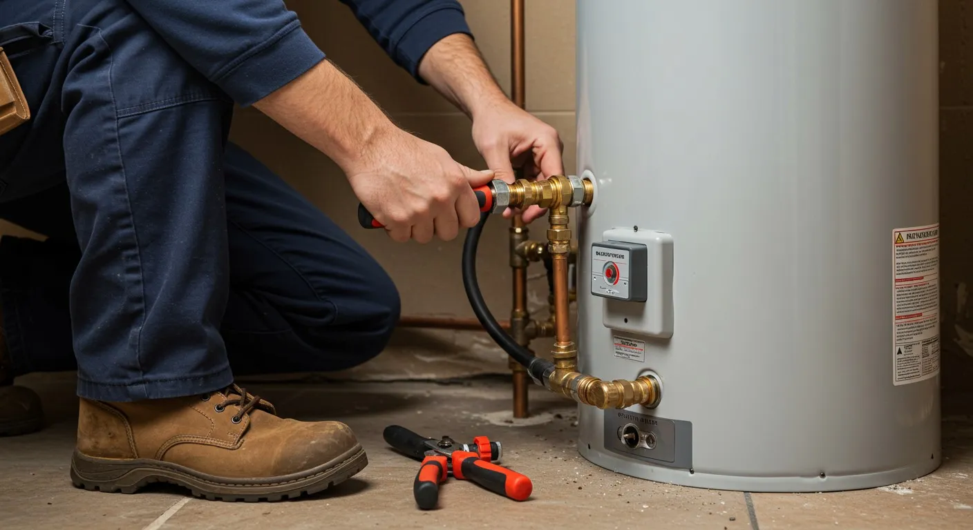 A low-angle shot captures a person, likely a technician, wearing brown work boots and dark pants, kneeling to work on the plumbing connections of a large, light grey water heater. Their hands are visible, one holding a wrench or pliers to tighten a brass fitting on a copper pipe connected to the side of the water heater.