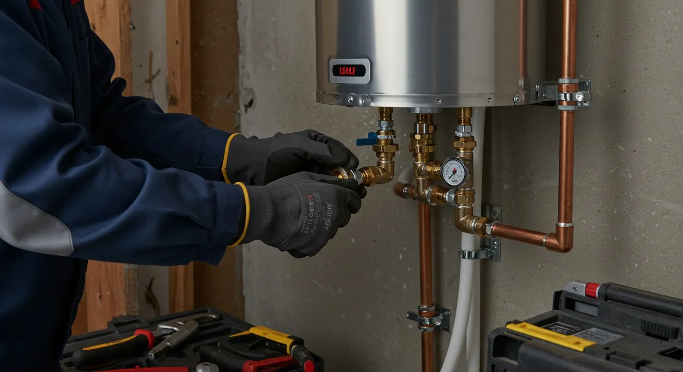 A close-up shot of a person wearing blue long-sleeved workwear and grey gloves with yellow trim, actively working on the copper plumbing connections of a tankless water heater. The water heater, made of shiny metal, is mounted on a concrete-like wall and has a digital display showing "65°F". The person's hands are focused on tightening or adjusting a brass fitting on one of the copper pipes