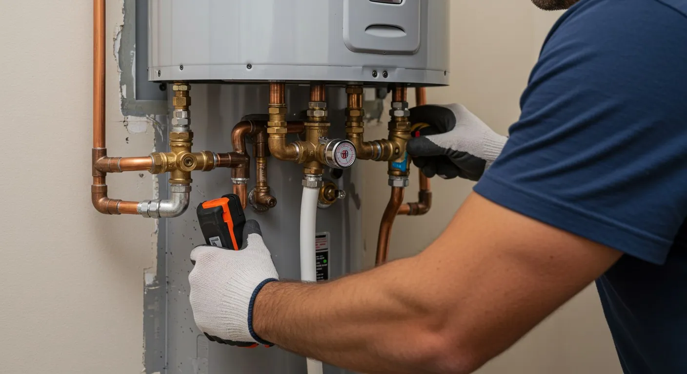  A close-up of a person, likely a plumber or technician, wearing grey and white work gloves, actively working on the intricate copper piping and brass fittings connected to the bottom of a water heater. The water heater itself is a light grey color. The person's right hand holds a black and orange tool, possibly a wrench or a diagnostic device, while their left hand is adjusting a valve or fitting on the pipe network.