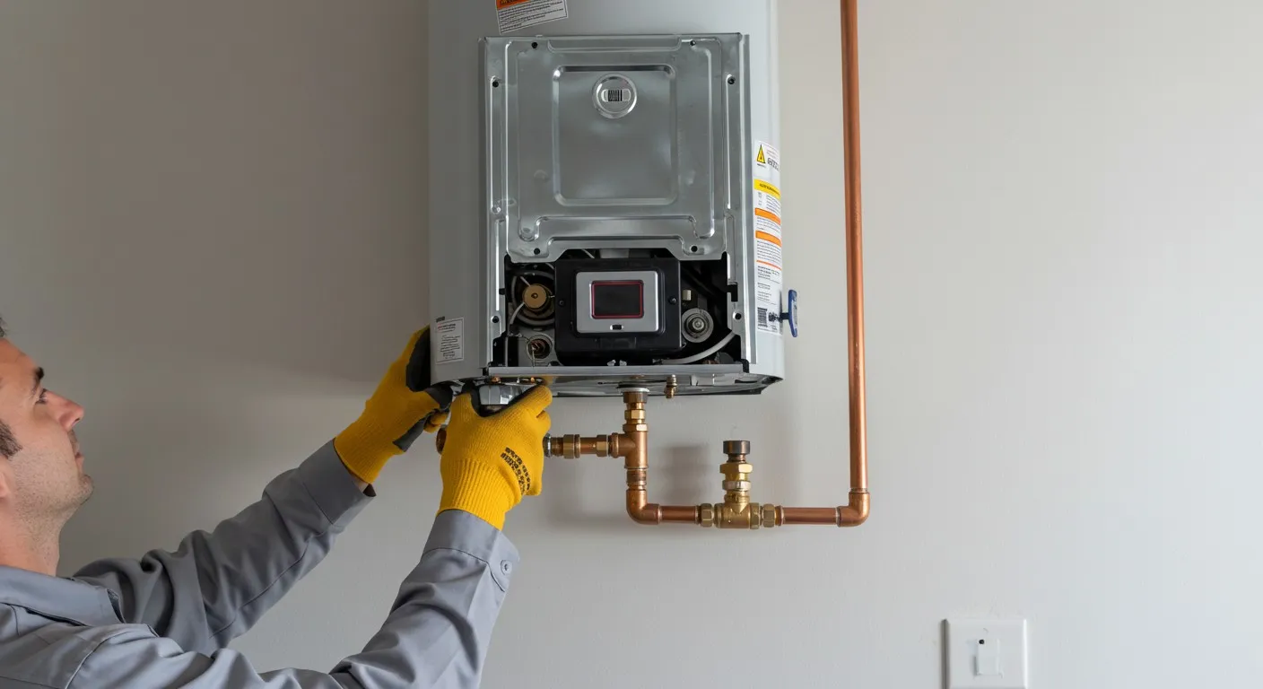  A male technician wearing a grey long-sleeved shirt and bright yellow work gloves is shown from a side-view, actively installing or servicing a wall-mounted tankless water heater. He is holding the bottom part of the open unit, revealing its internal components, including a digital display and various wires. Copper pipes with brass fittings are connected to the underside of the water heater, running down the light-colored wall.