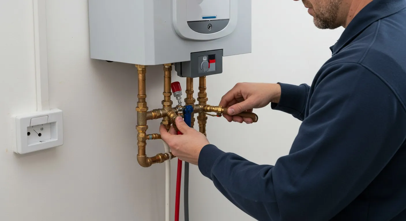 A male technician, seen from the chest down, wearing a dark blue long-sleeved shirt, is actively working on the copper and brass plumbing connections of a white, wall-mounted tankless water heater. His hands are adjusting a brass fitting on a complex network of pipes that includes a red-handled valve and a blue-handled valve.