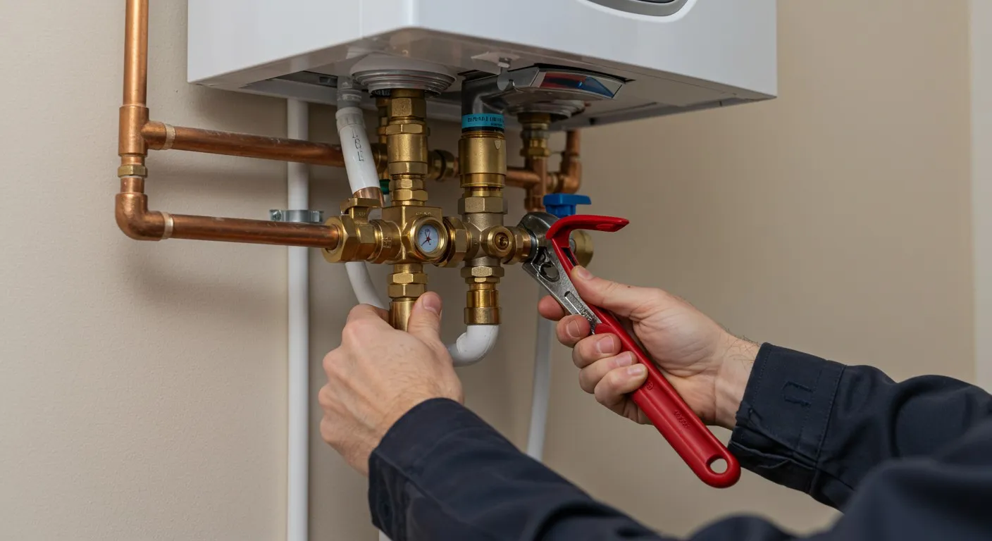 A male technician, seen from the chest down, wearing a dark blue long-sleeved shirt, is actively working on the copper and brass plumbing connections of a white, wall-mounted tankless water heater. His hands are adjusting a brass fitting on a complex network of pipes that includes a red-handled valve and a blue-handled valve. Red and white flexible hoses are connected below the plumbing.