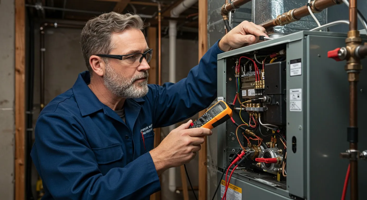 Technician testing HVAC furnace wiring with multimeter in basement mechanical room.