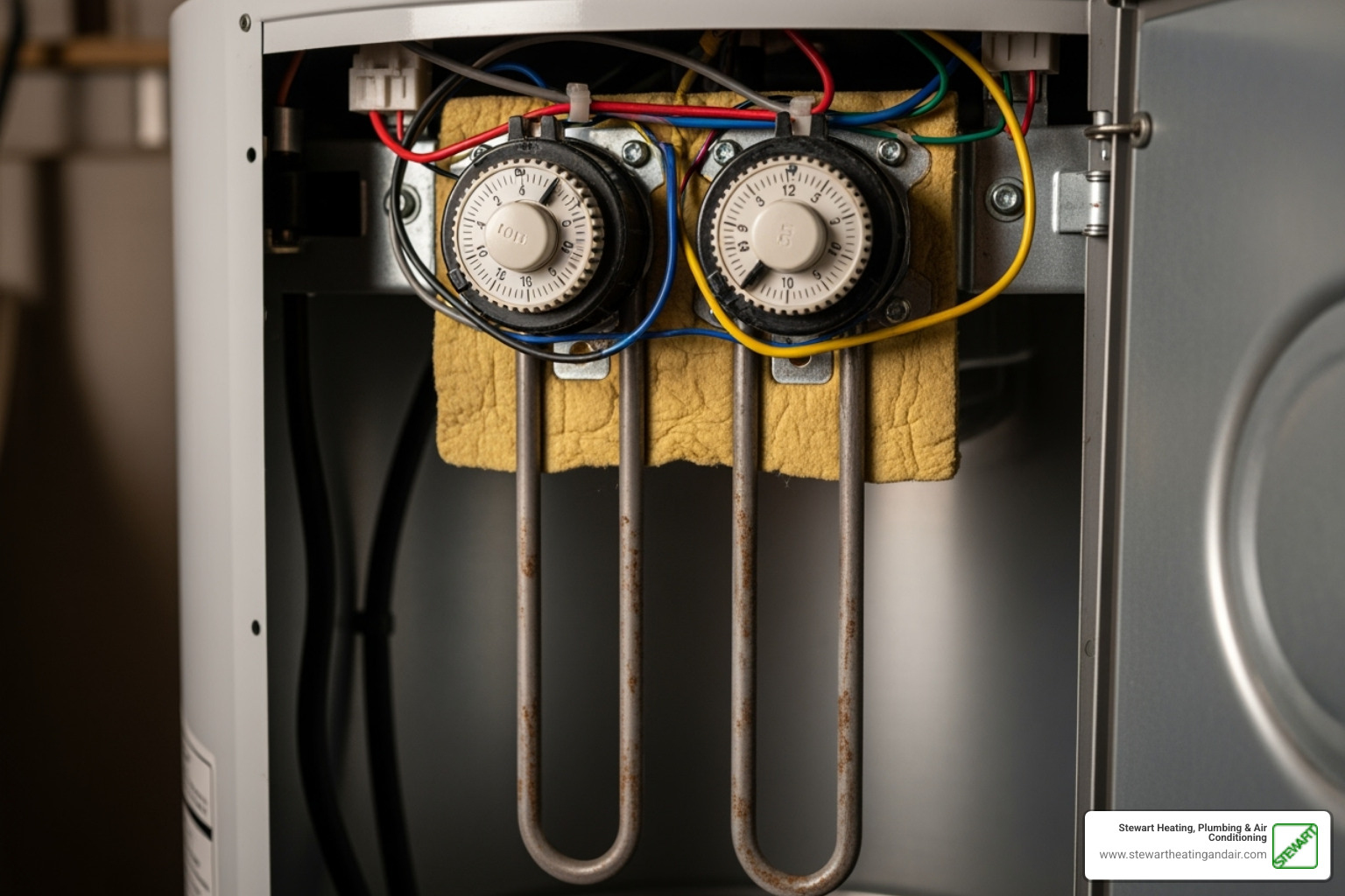 electric water heater's access panel showing thermostats and heating elements - water heater not heating