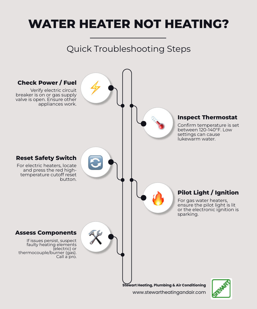 Comprehensive water heater troubleshooting flowchart showing decision tree for diagnosing no hot water issues, including separate paths for electric and gas water heaters, common failure points like tripped breakers, pilot light problems, faulty heating elements, and when to contact professionals - water heater not heating infographic infographic-line-5-steps-neat_beige