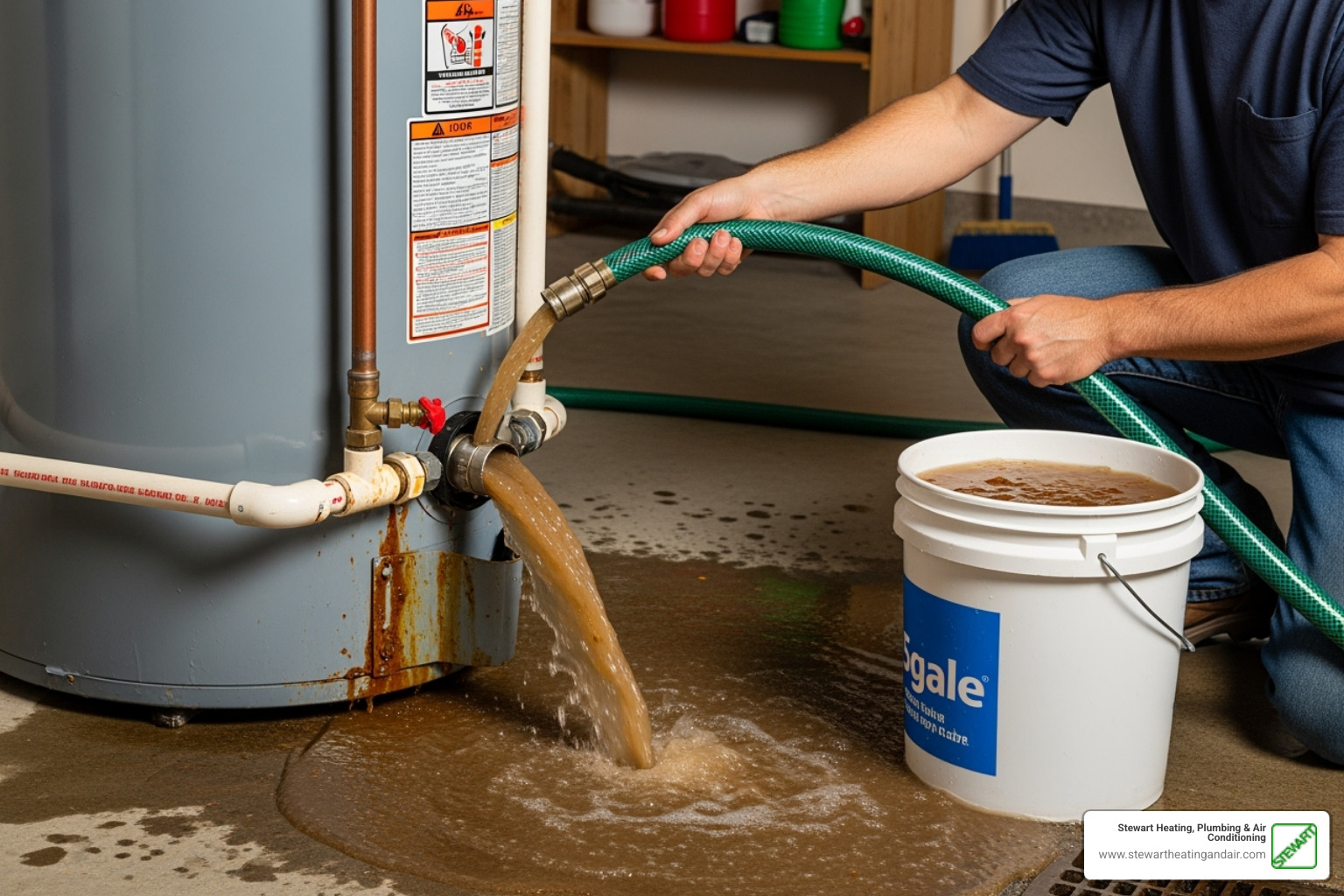 sediment being flushed from a water heater drain valve - water heater not heating
