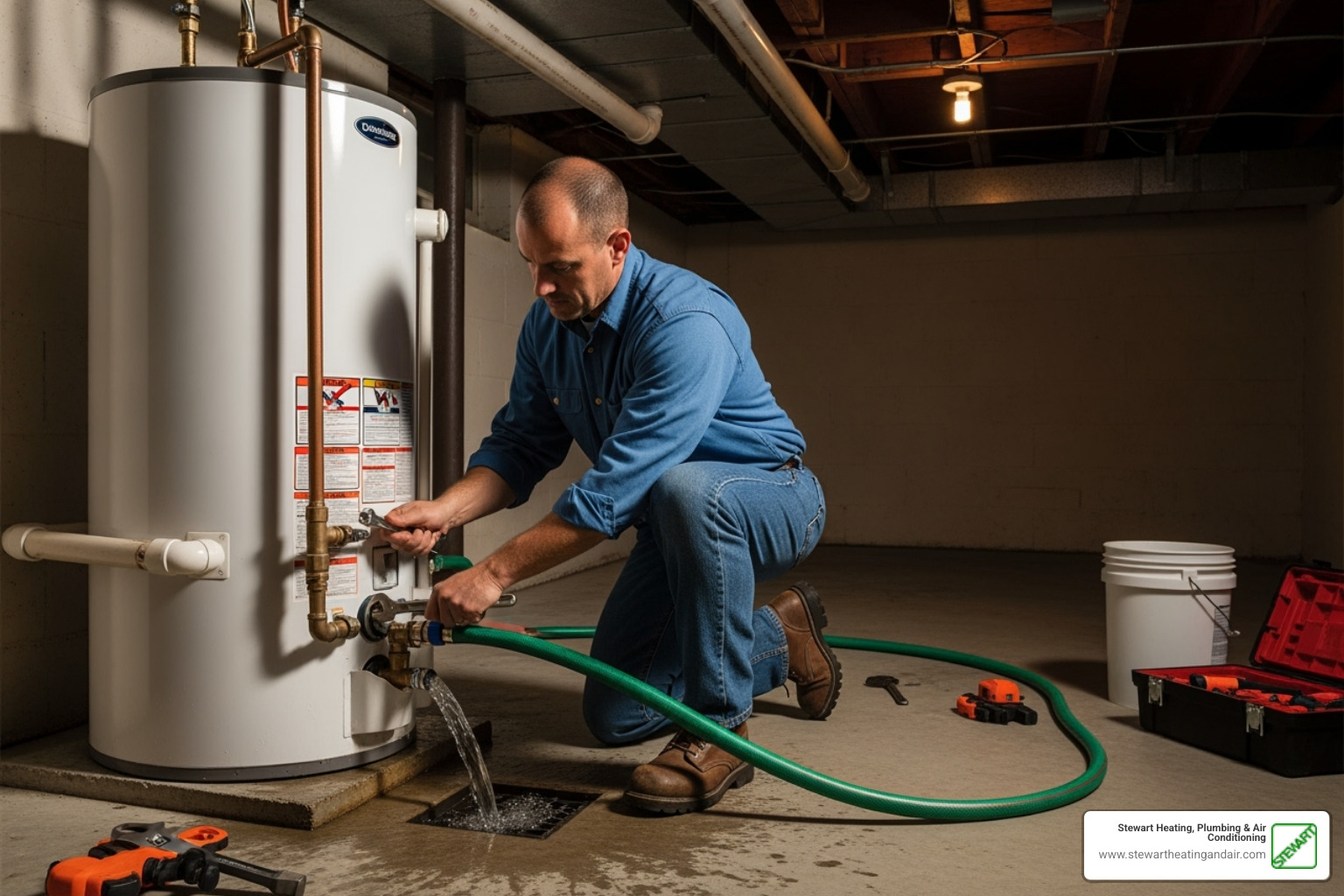 technician flushing a water heater tank - professional water heater repair
