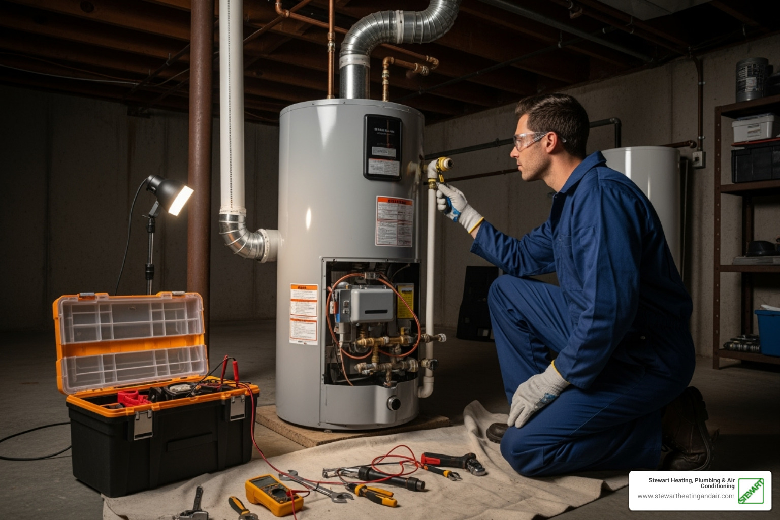 licensed technician safely working on a gas water heater - professional water heater repair