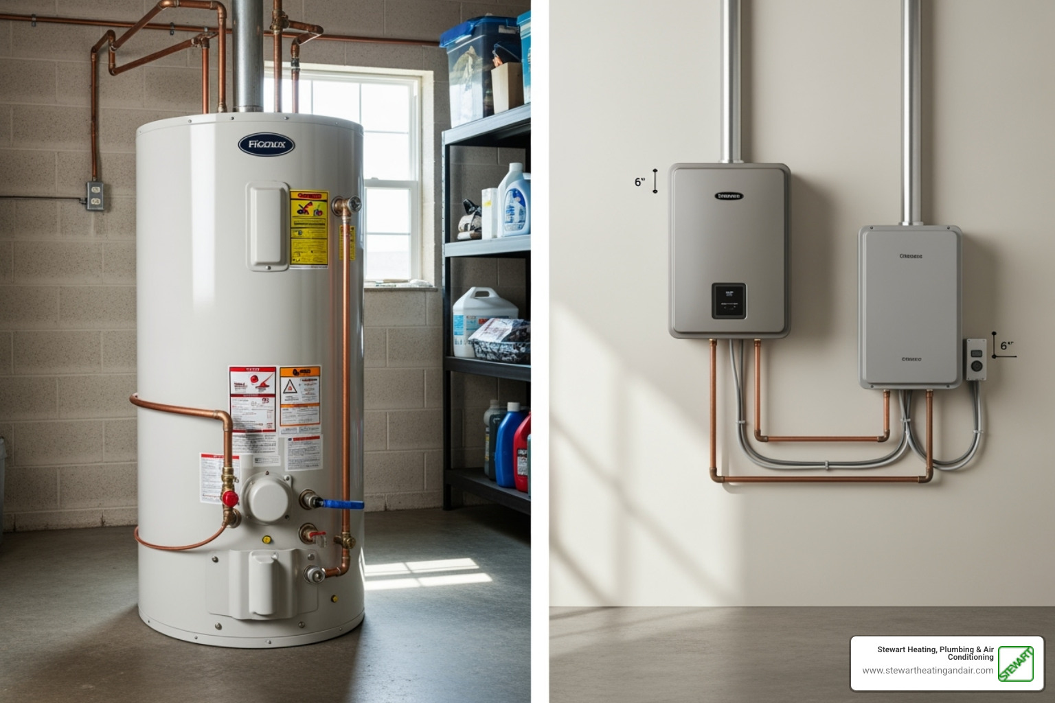 size difference between a bulky tank heater and a compact tankless unit - tankless water heater benefits