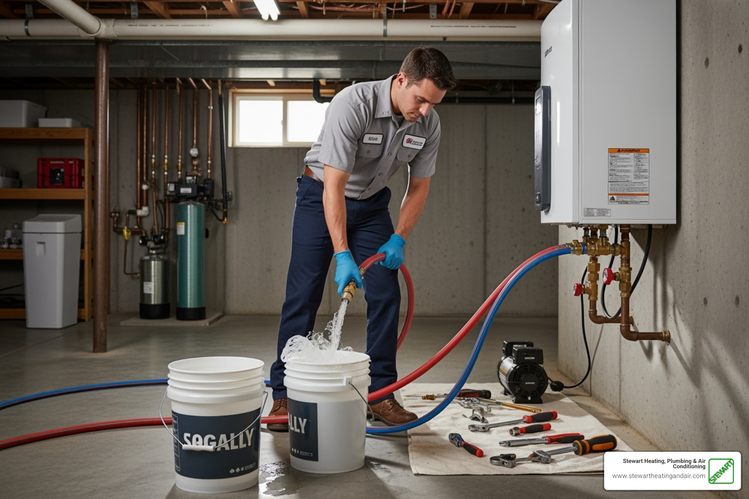 technician flushing a tankless water heater - tankless water heater benefits
