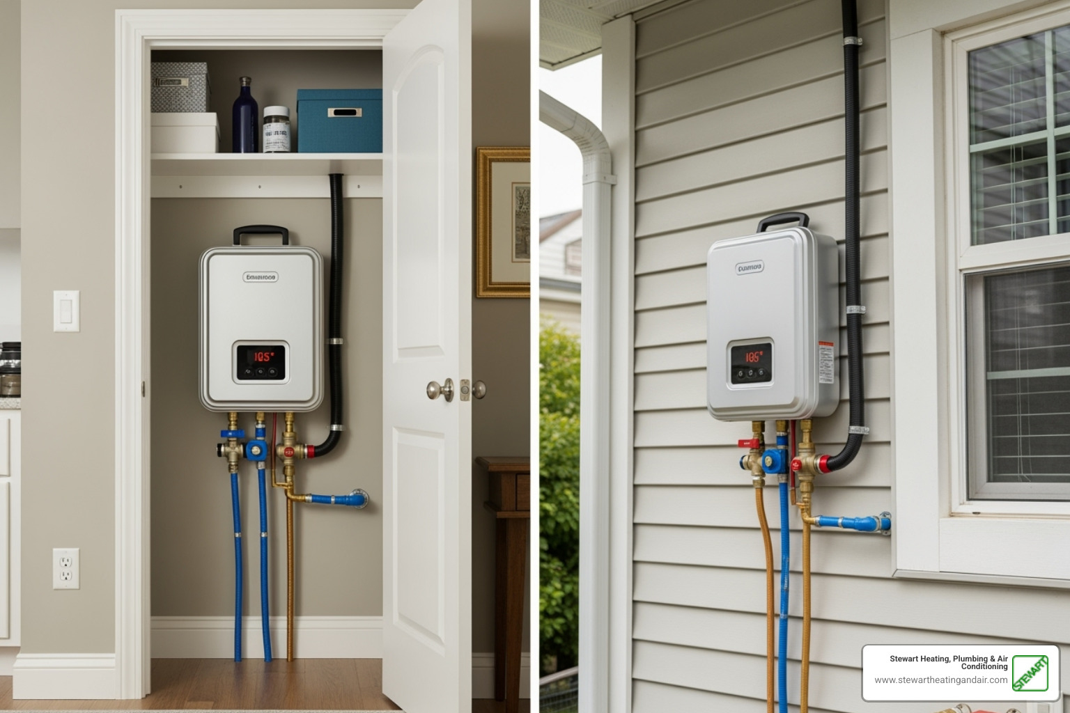 tankless water heater installed in a small closet or on an exterior wall - tankless water heater benefits