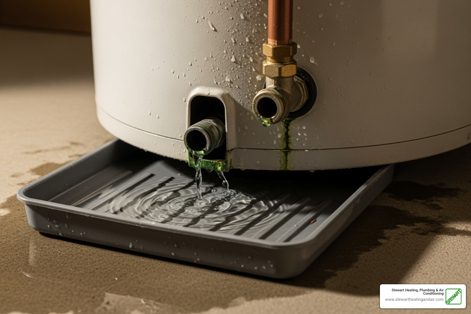 a water leak at the base of a water heater with a drip pan - hot water heater problems