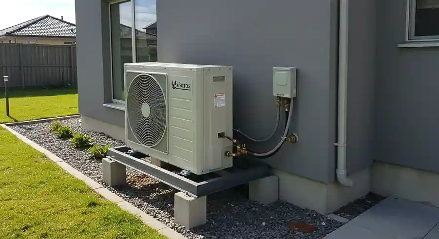 A mini-split outdoor unit mounted on a raised metal stand next to a gray house.