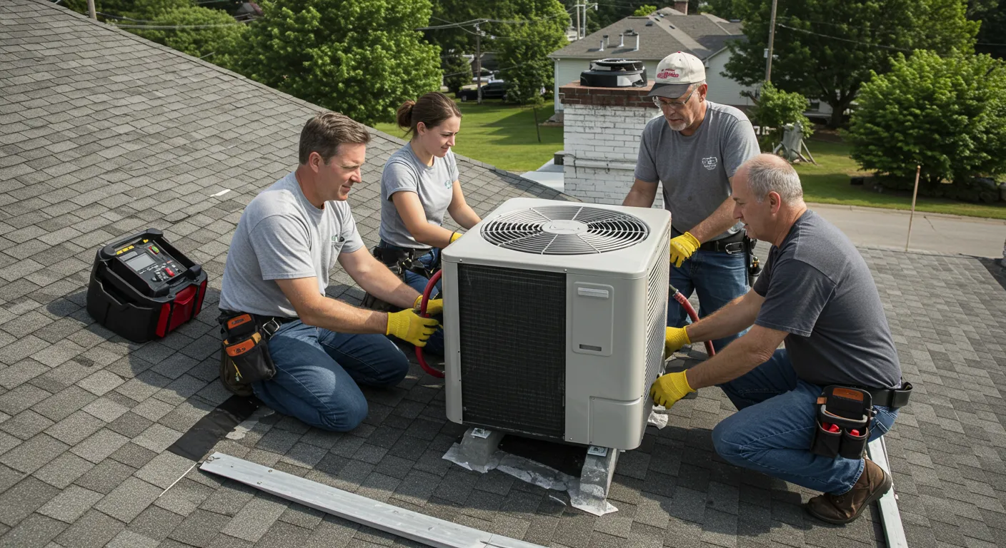 A team of four technicians on a rooftop are installing a large commercial AC unit.