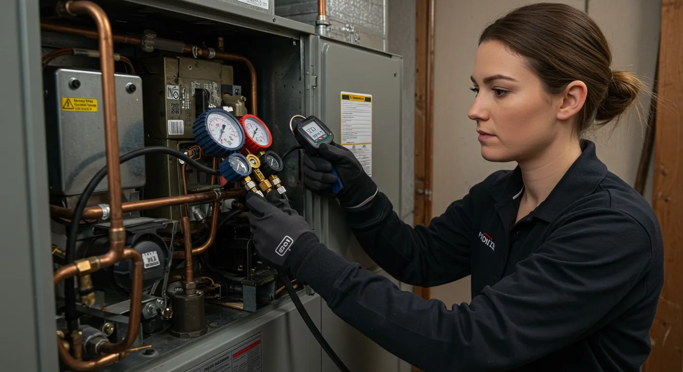 Woman with gauges fixing furnace.