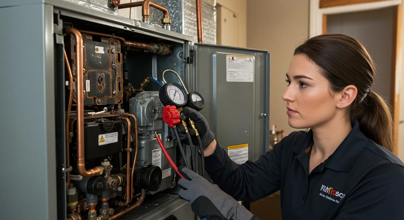 Woman using gauges on furnace.