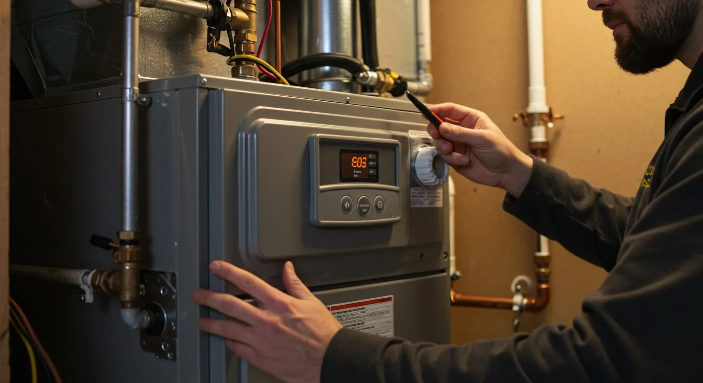 Man checking display on furnace.