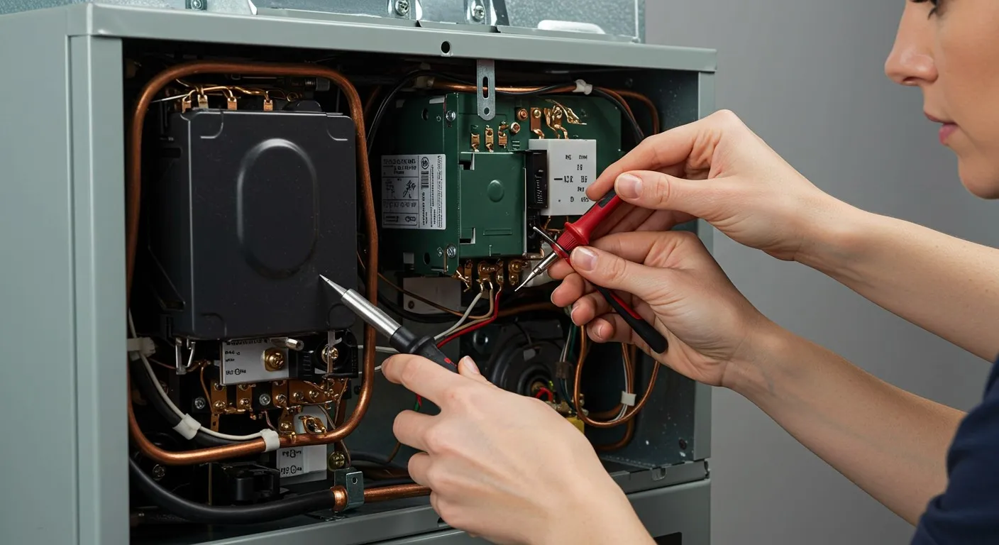 Woman repairing furnace with tools.