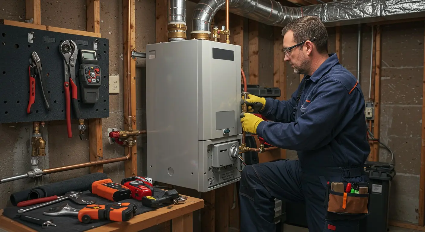 Man in glasses repairing a boiler.