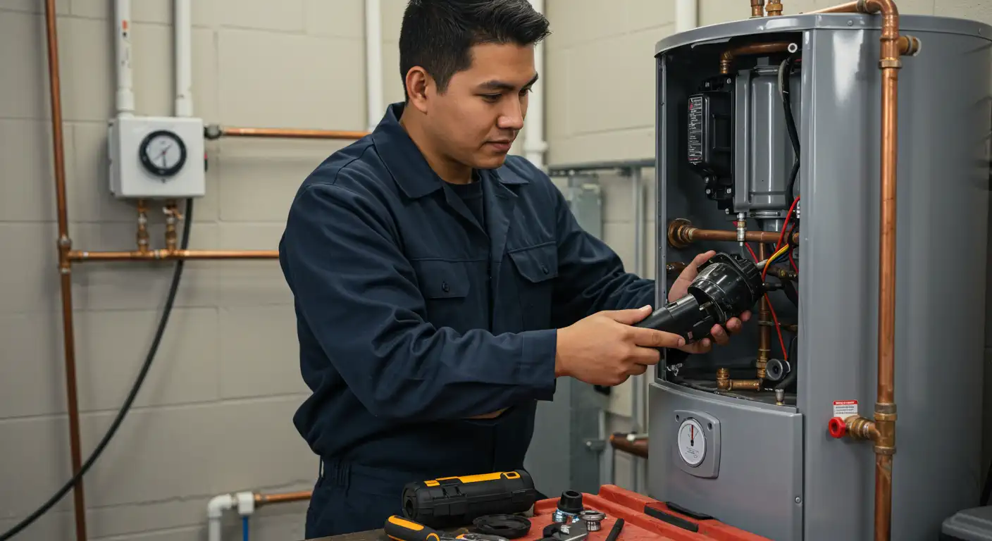 An indoor, medium, eye-level shot shows a young man in a dark blue coverall looking intently at a large water heater. He is holding a black tool and appears to be in the middle of a repair or installation. His expression is focused and professional. The water heater is a large, cylindrical, gray metal tank with numerous copper pipes and electrical wires running into it. In the background, there's a wall with more copper piping, a pressure gauge, and other tools scattered on a nearby toolbox. The overall scene suggests a technical or vocational training setting, emphasizing hands-on work and skill.