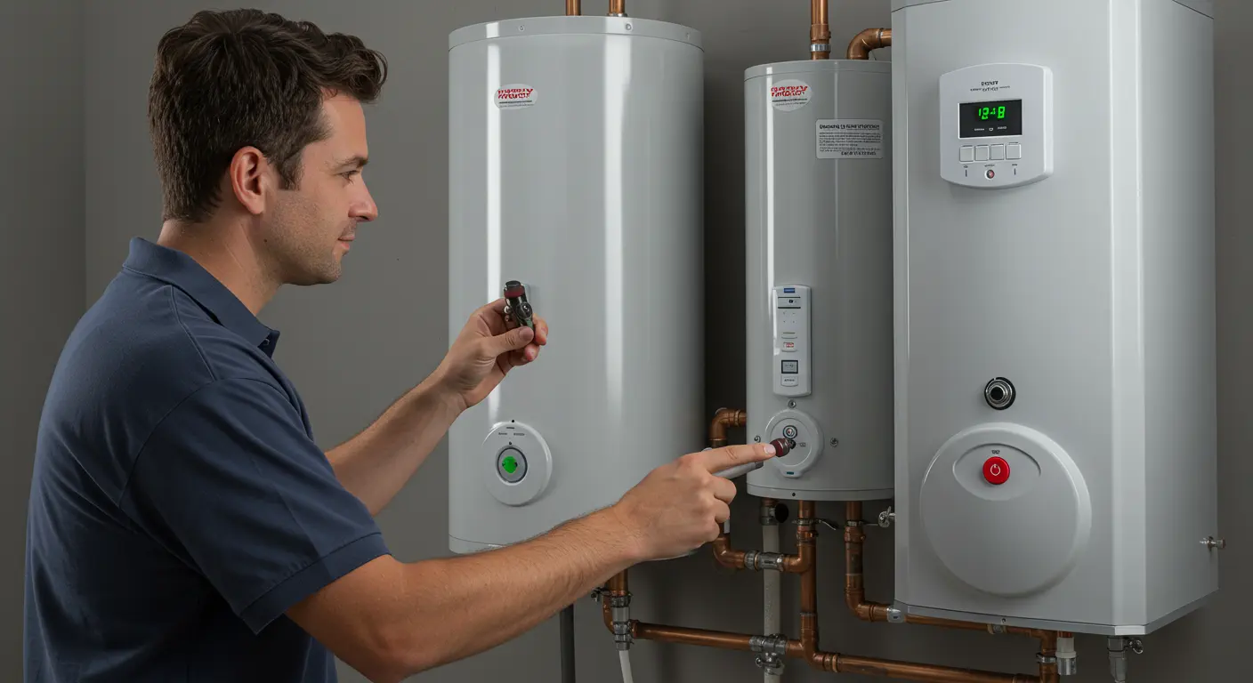 A side-angle, eye-level shot shows a man in a blue polo shirt standing in an indoor setting, looking at and adjusting three large, white water heaters mounted on a wall. His body is turned toward the heaters as he focuses on the middle unit, pointing a finger at a button while holding a small black and silver tool in his other hand. The heaters are connected by copper pipes and have various gauges, digital displays, and buttons on their surfaces. The man's focused expression suggests he is performing a maintenance check or a new installation. The scene is well-lit and the equipment appears to be new and professionally installed.