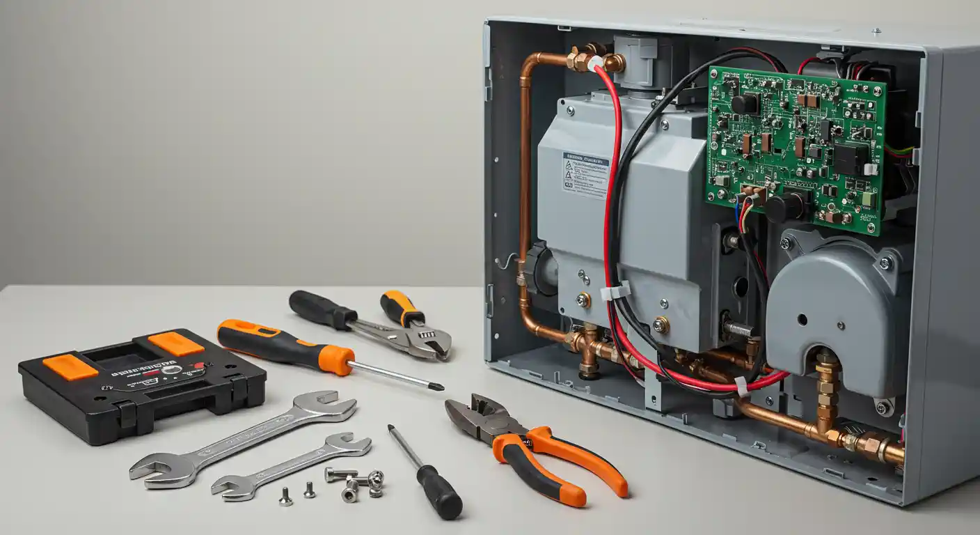  A wide, eye-level shot shows the interior of a tankless water heater, with its metallic and electronic components exposed. The unit's light gray casing is open to the right, revealing copper pipes and a green circuit board. To the left, a variety of hand tools—including a wrench, screwdrivers, and pliers—are neatly laid out on a light-colored surface next to a black and orange toolbox.