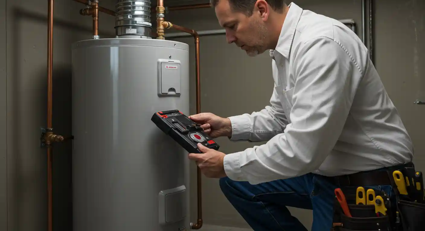A male plumber in a white shirt and jeans crouches in a basement, inspecting a large, gray residential water heater. He holds a black diagnostic tool with a prominent red dial, pointing it at the side of the tank. A brown leather tool belt is worn around his waist, with various tools visible in its pouches. Copper pipes are connected to the top of the water heater and run along the wall behind the unit. The scene suggests a professional performing a routine inspection or repair.