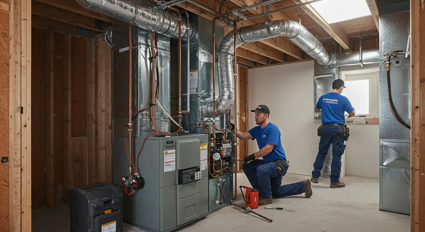Two technicians installing new furnace unit.