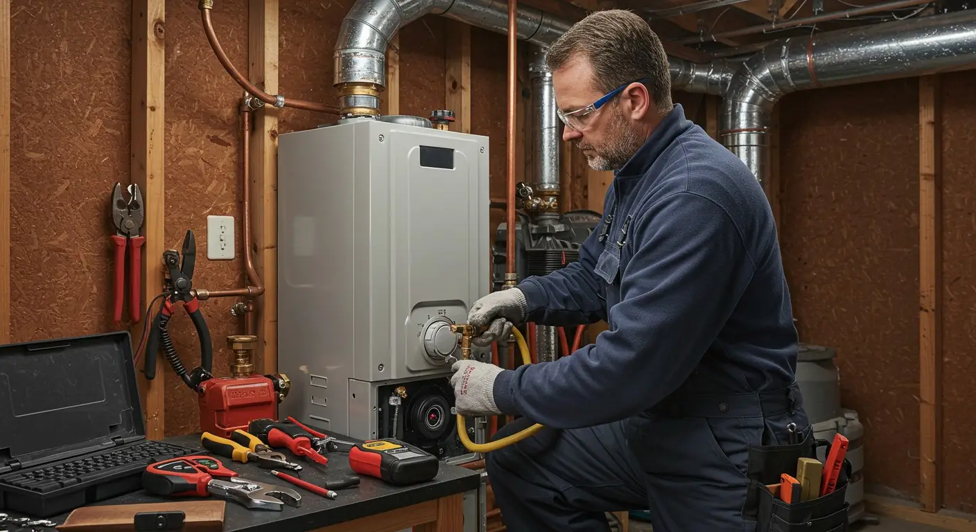 Man fixing boiler with yellow hose.