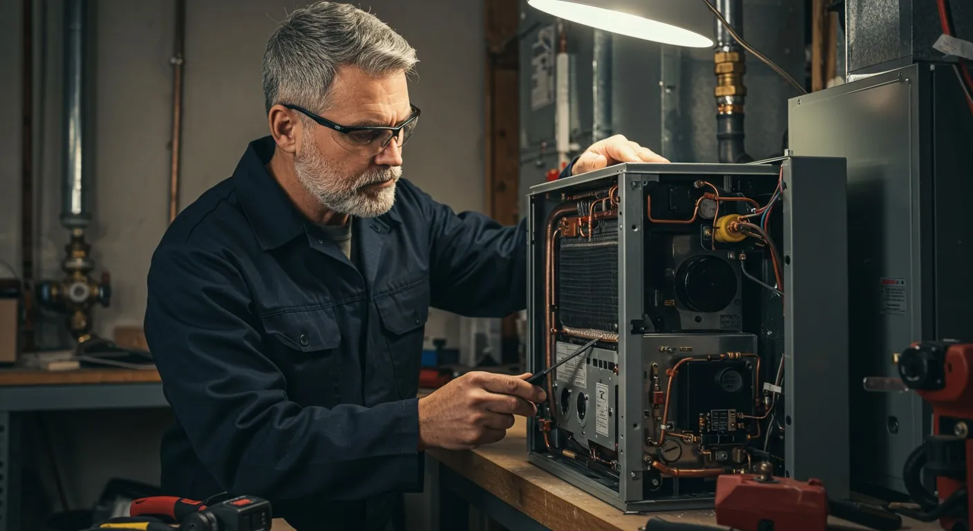 Man repairing boiler in workshop.